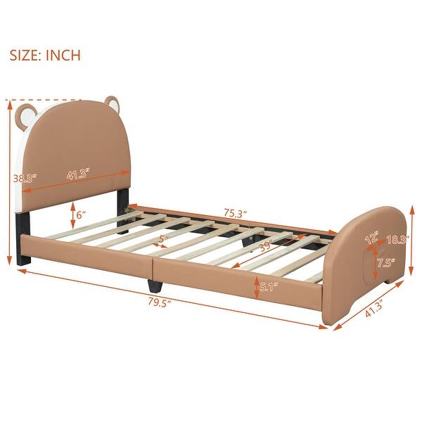 dimension image slide 1 of 2, Twin Size Upholstered Platform Bed with Bear-Shaped Headboard and Footboard, Storage Pocket Design