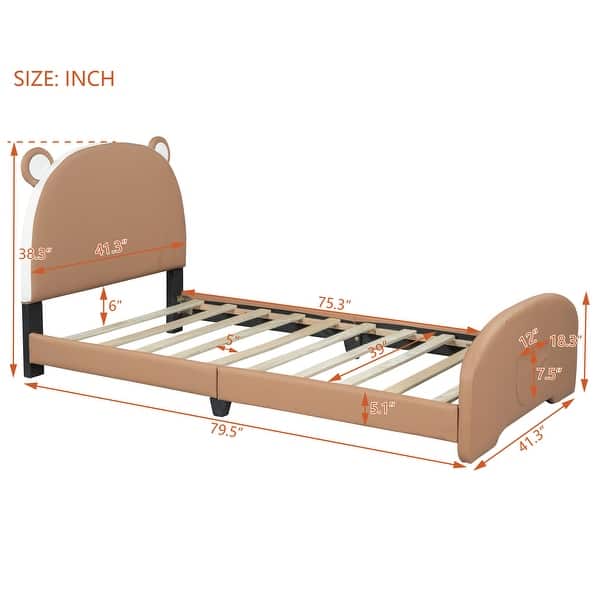 Twin Size Upholstered Platform Bed with Bear-shaped Headboard and Footboard, White+Brown