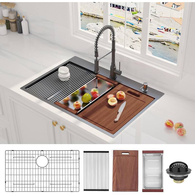 33In Gunmetal Black Drop in Workstation kithchen Sink 16 Gauge Topmount Drop in Single Bowl Stainless Steel Kitchen Sink - Gunmetal Black