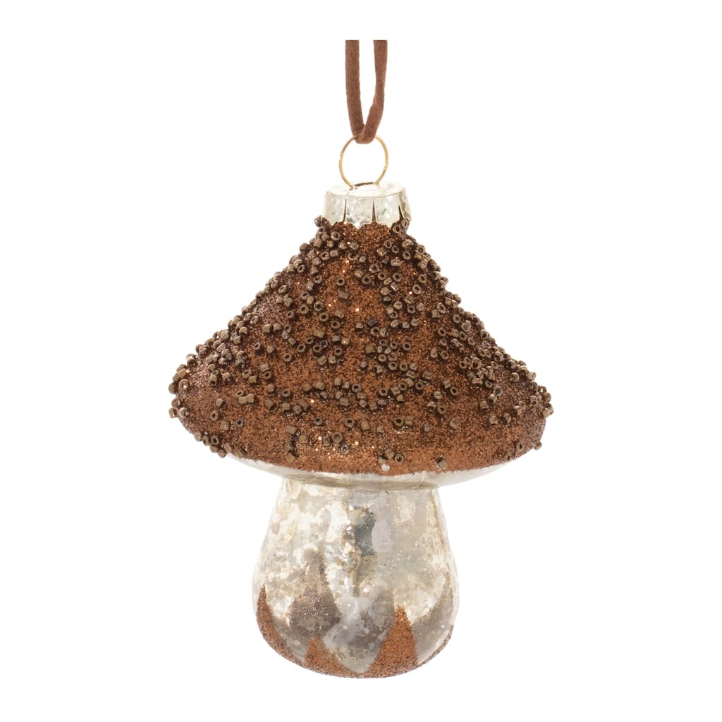 Brown Glass Beaded Mushroom Ornaments Set of 6 with Mercury Finish - 3” x 3” x 4” (L x W x H)