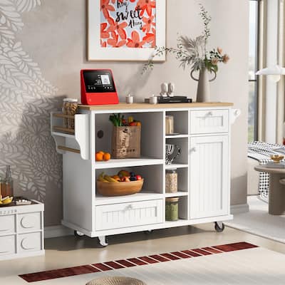 Kitchen Island Cart with Microwave Cabinet & 2 Locking Wheels, Floor Standing Buffet Server Sideboard with Solid Wood Desktop