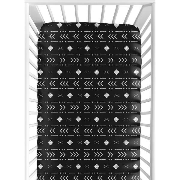 slide 2 of 6, Black and White Boho Mudcloth Boy Girl Fitted Crib Sheet - White Black Woodland Bohemian Tribal Southwest Geometric Arrow Aztec