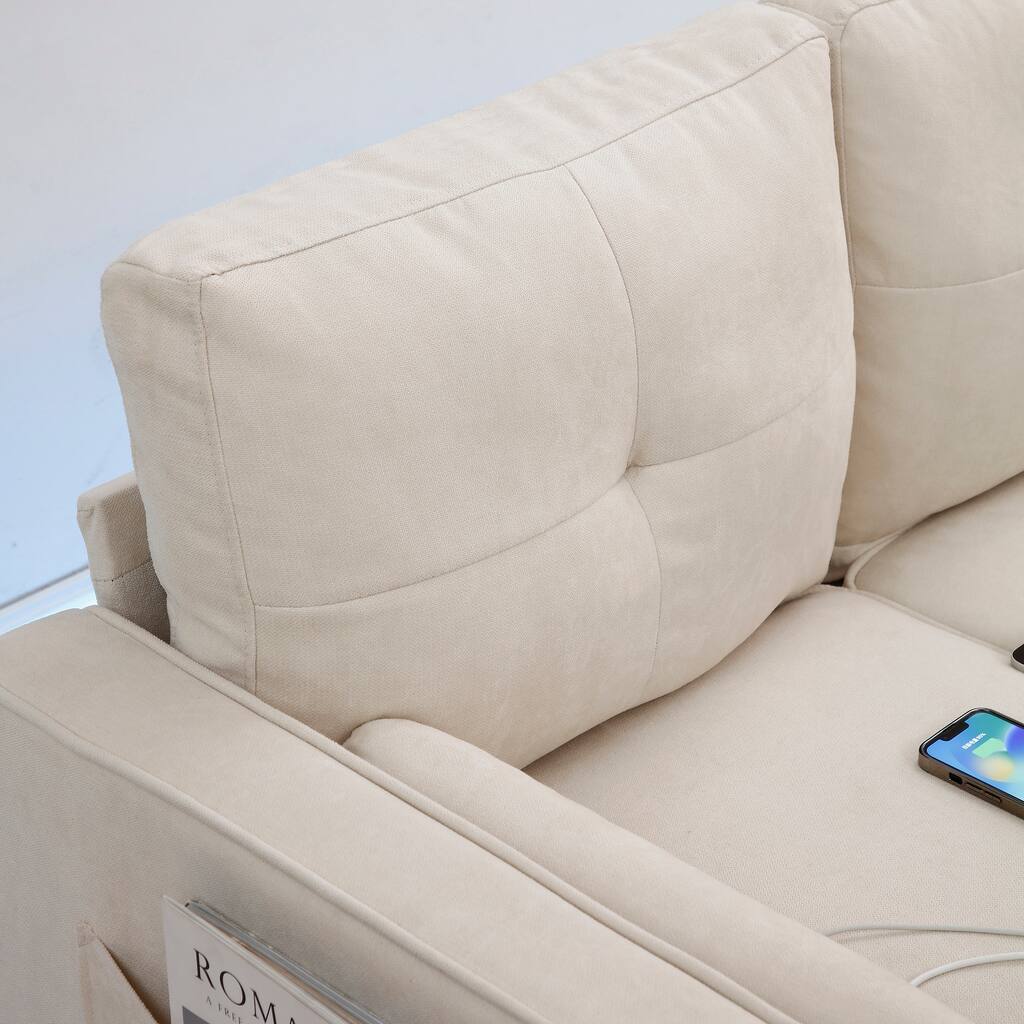 Modern Linen Fabric Sofa, Power Sofa with LED Lights,ottoman with storage,