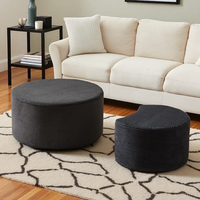 Set of 2 Round Nesting Coffee Tables, Upholstered Corduroy Ottoman Accent Tables, Modern Foam Design, No Assembly