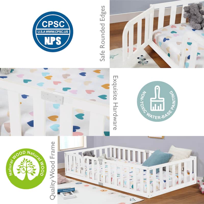 COSTARS Toddler Floor Bed with Rails for Kids, Montessori Wooden Twin Bed Frame with Door, Low to Ground