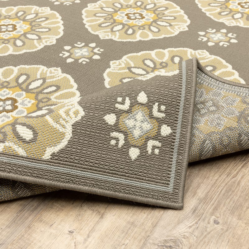 Vista Home Bar Harbour Grey/ Gold Floral Indoor/ Outdoor Area Rug