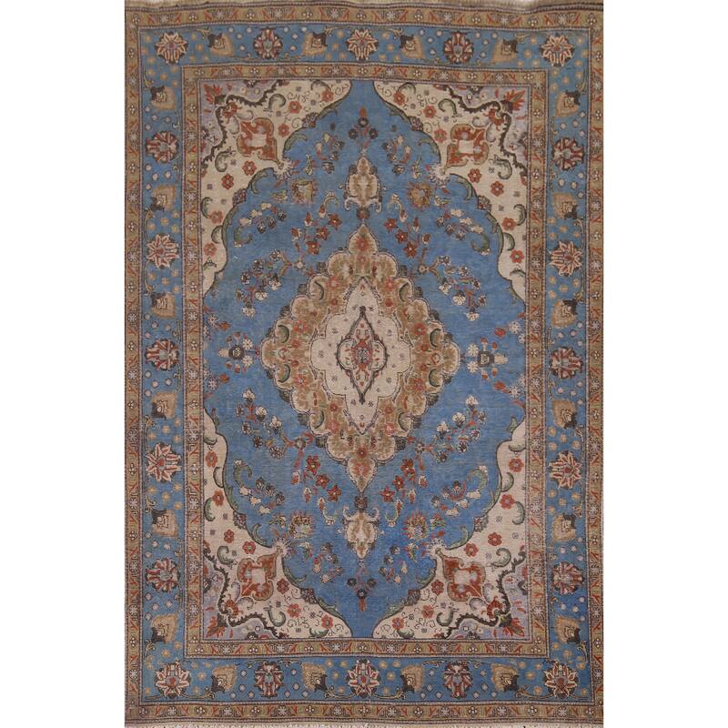 Distressed Blue Tabriz Vintage Persian Area Rug Handmade Wool Carpet - 8'1" x 11'2"