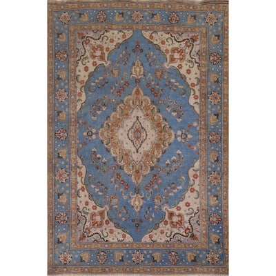 Distressed Blue Tabriz Vintage Persian Area Rug Handmade Wool Carpet - 8'1" x 11'2"