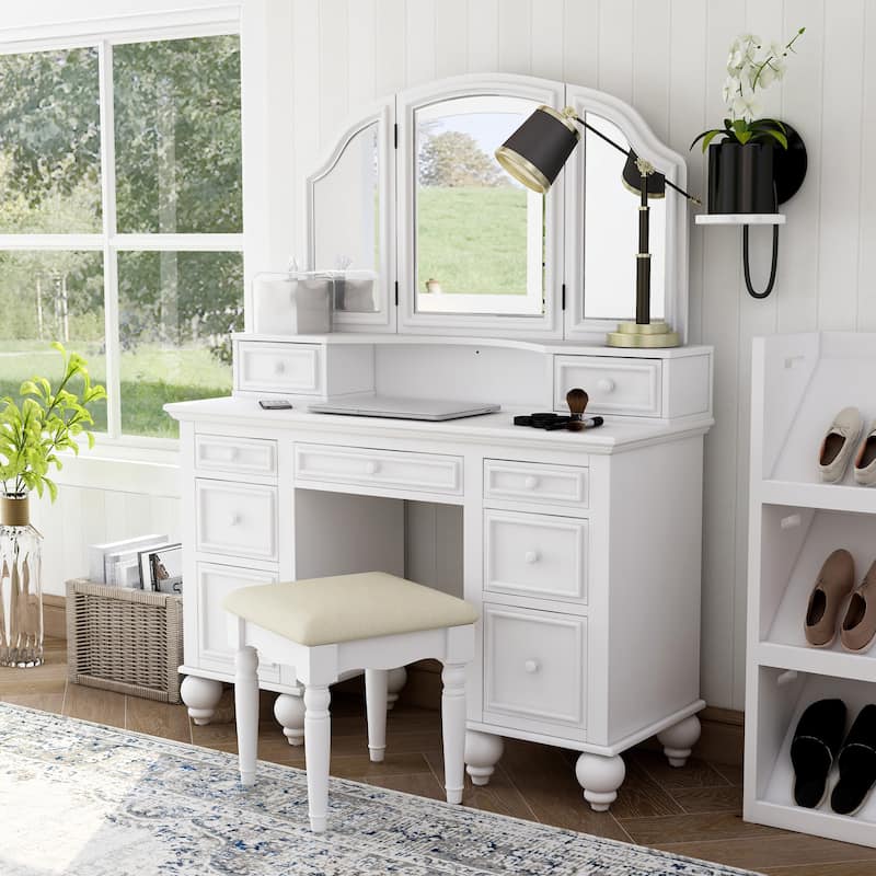 Boke Transitional Solid Wood 3-Piece Makeup Vanity Set with 3-side Mirror by Furniture of America