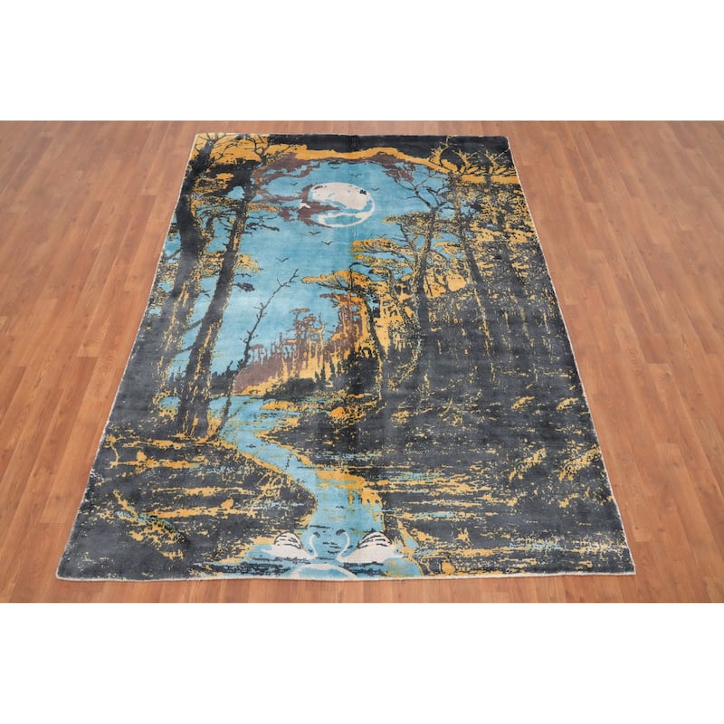 Hand Knotted Oriental Viscose Silk Carpet Modern Pictorial Multi-Colored Abstract Area Rug - 7' 9'' X 5' 6''
