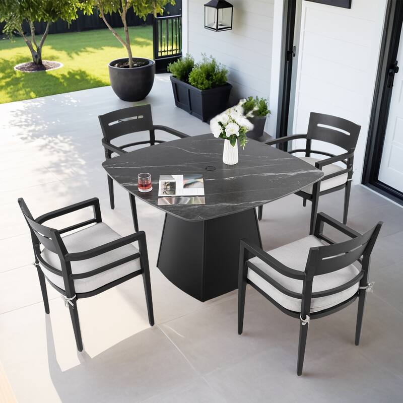5-Piece Outdoor Pedestal Dining Set, 44" Rounded Square Sintered Stone Table with Flared Base and 4 Armchairs - Ember Black