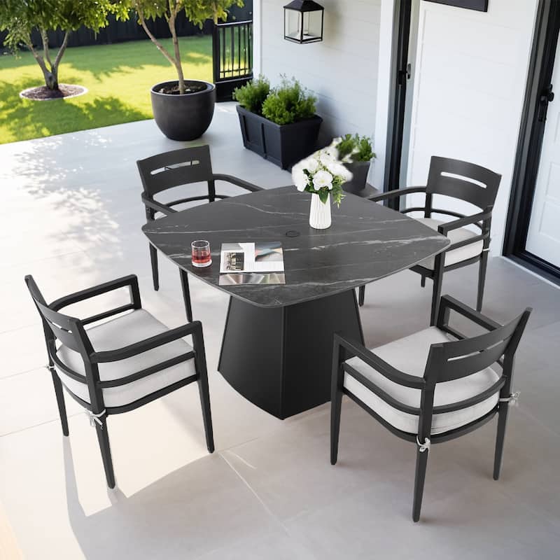 5-Piece Premium Pedestal Dining Set – 44" Rounded Square Sintered Stone Table & 4 Armchairs with Sunbrella Cushions‌