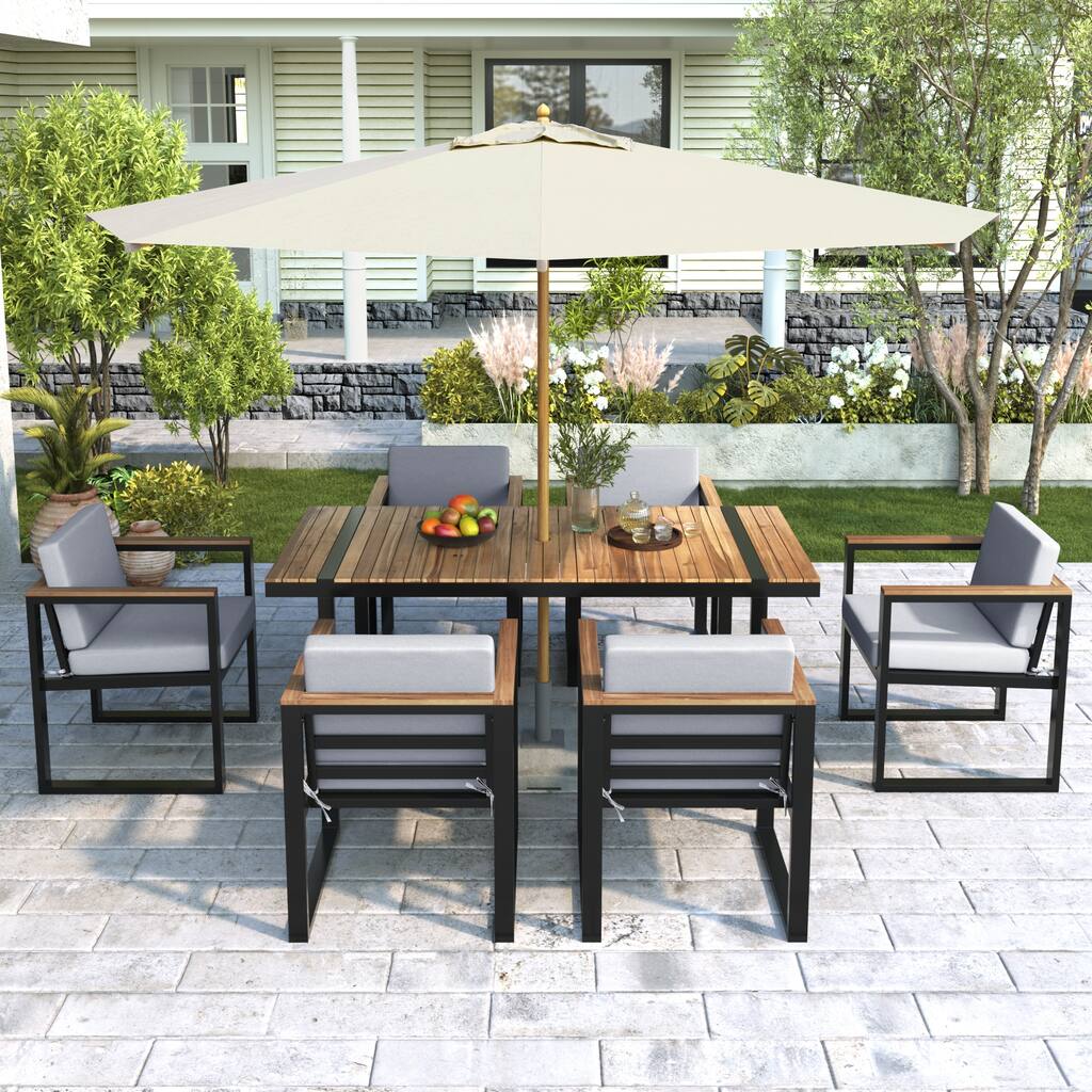 7-Piece Steel Patio Dining Set with Umbrella Hole & Cushioned Armchairs