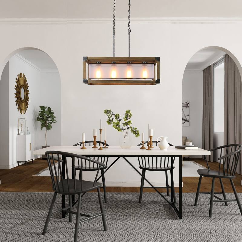 Farmhouse Rustic 4-Light Wood Chandelier for Kitchen Island - L27.5"x W10"x H10"