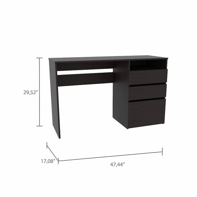 47" Modern Black Computer Desk with 3 Drawers, Bookcase & Glossy Finish