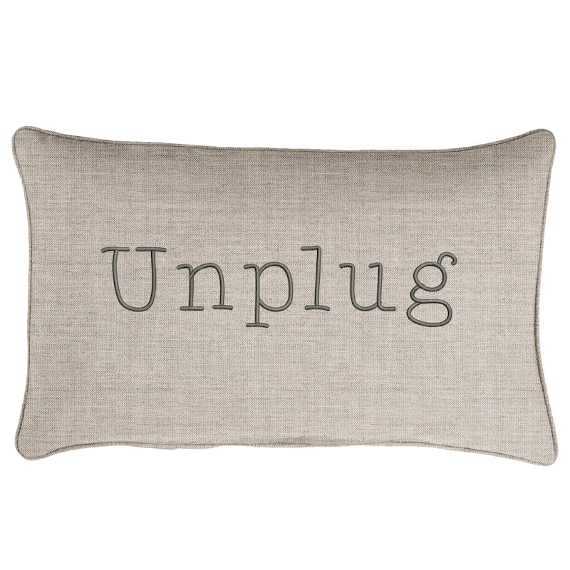 Sorra Home Indoor/Outdoor Sunbrella Lumbar "Unplug" Embroidered Pillow