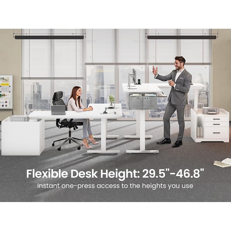 L Shaped Electric Standing Desk with File Cabinet Height Adjustable 63 x 53''