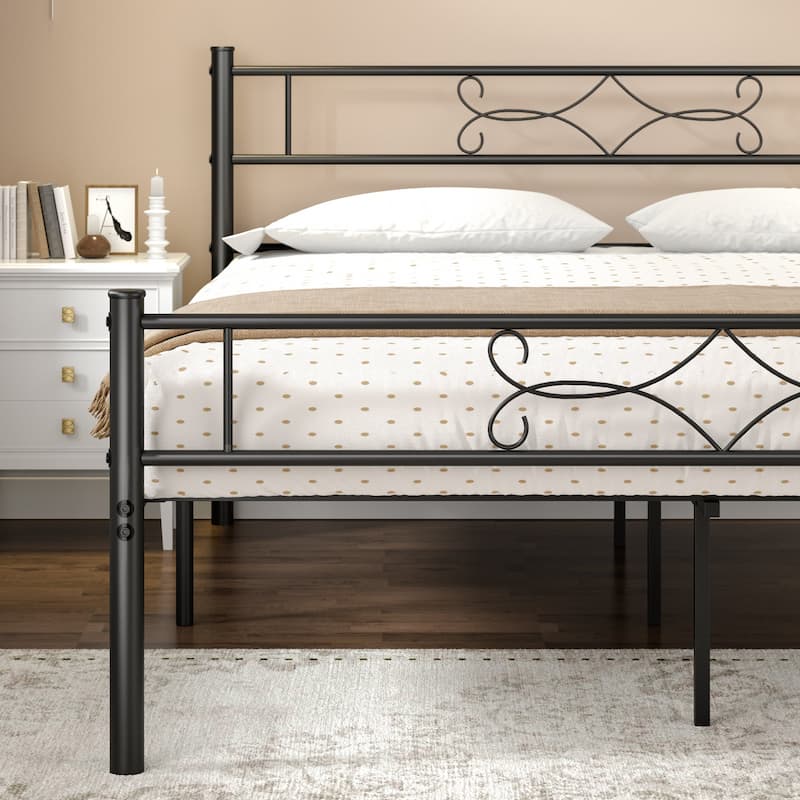 VECELO Metal Bed Frame with Headboard and Footboard No Box Spring Needed 12in Underbed Storage with Decorative Headboard