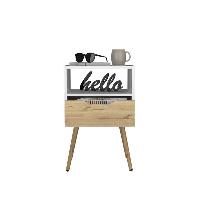 White & Light Oak Nightstand with Open Shelf and Single Drawer