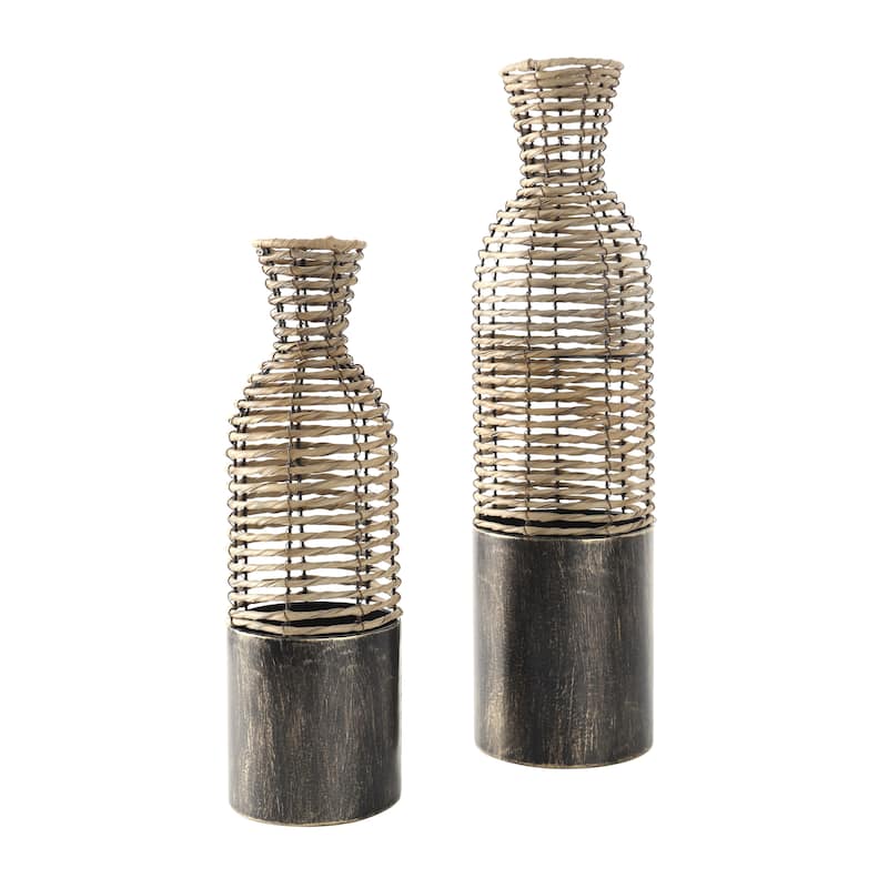 Plastic Rattan Handmade Open Framed Decorative Vase with Bronze Metal Bases - Set of 2 Light Brown - Roche River Decor - Light Brown