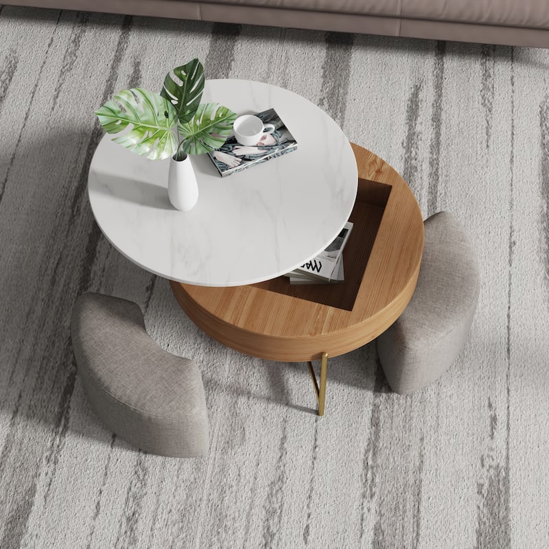 31.5'' Modern Round Lift-Top Coffee Table Set with Storage & 3 Ottomans - White