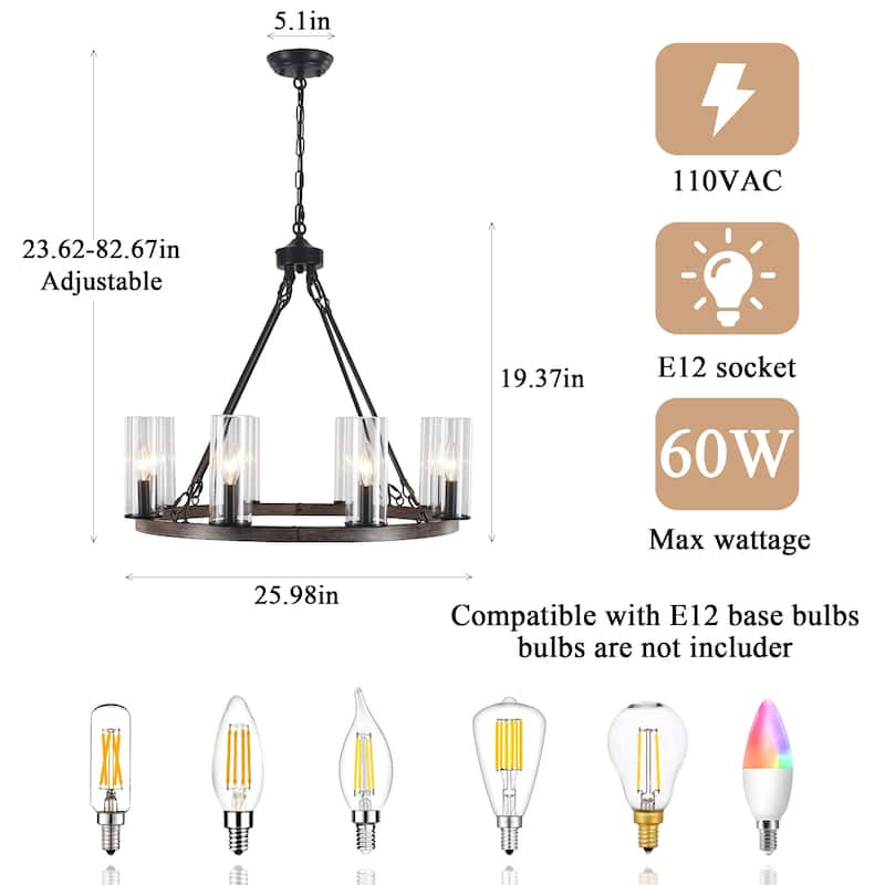 25.98inch 8-light Farmhouse Wagon Wheel Height Adjustable Chandelier With Glass Shade for Multiple Spaces