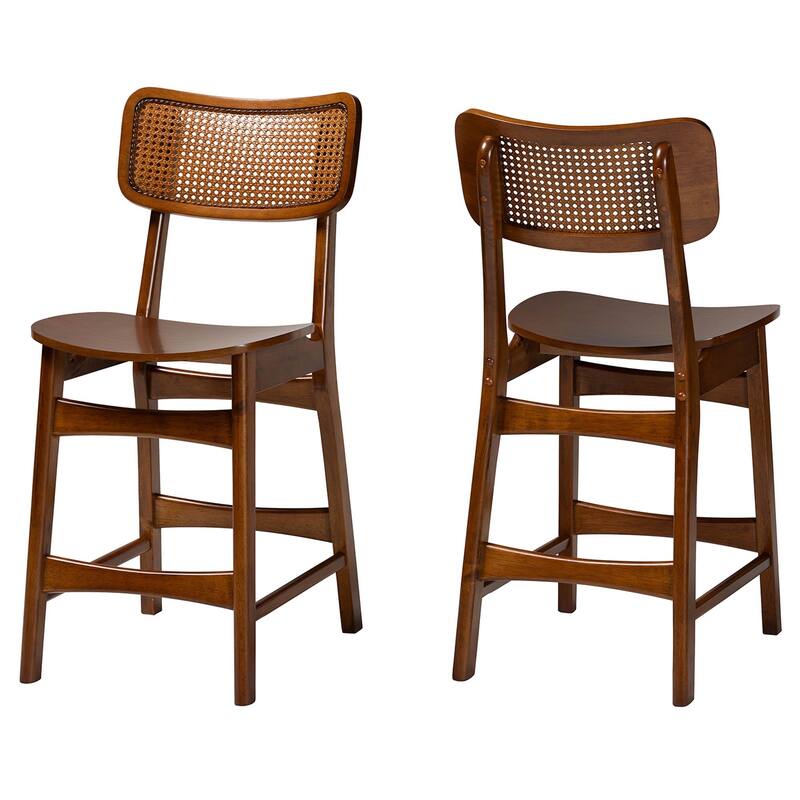 Tafari Mid-Century Modern Wood and Rattan 2-Piece Counter Stool Set