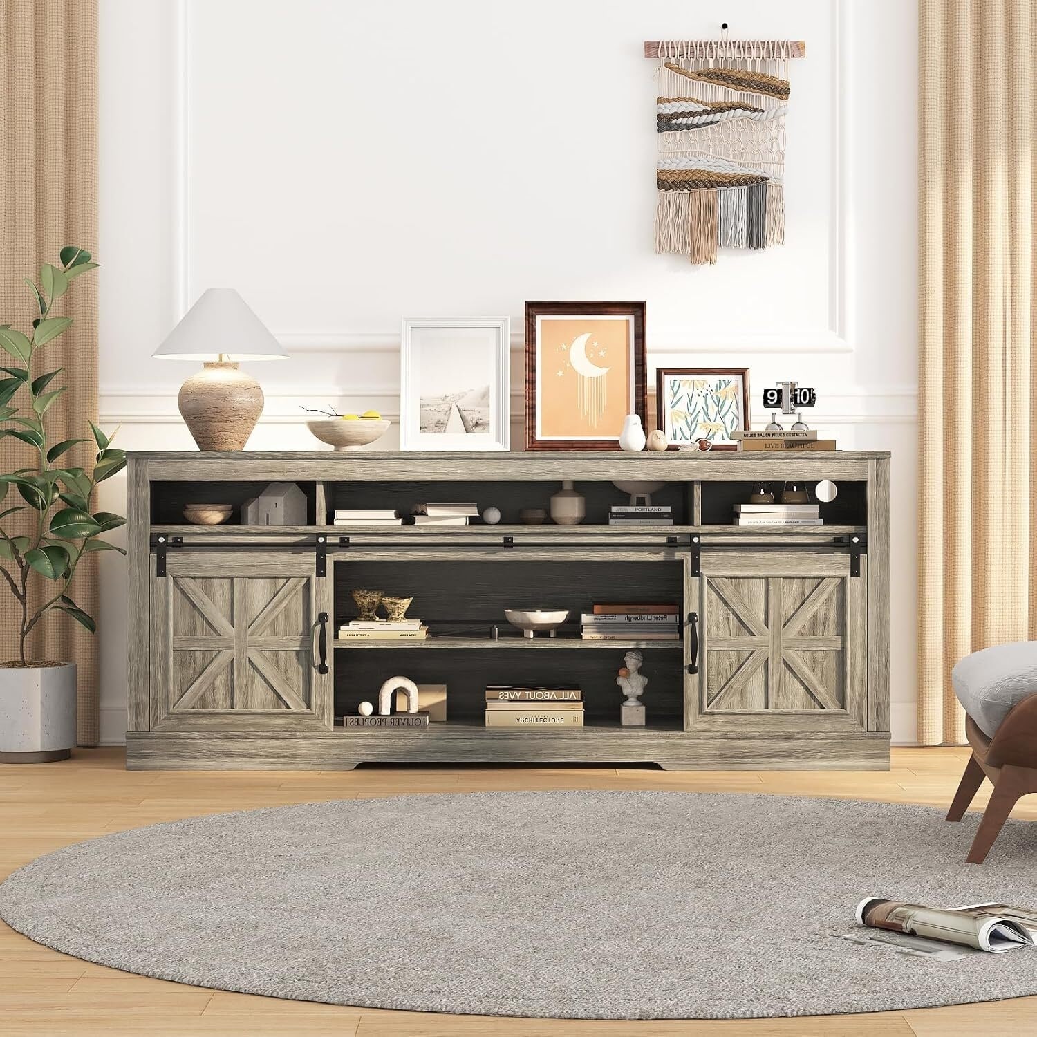 66" Farmhouse TV Stands, Entertainment Center with Open Storage, Power Outlets - N/A