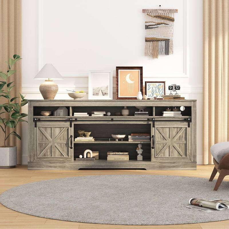 66" Farmhouse TV Stands, Entertainment Center with Open Storage, Power Outlets - N/A - Grey