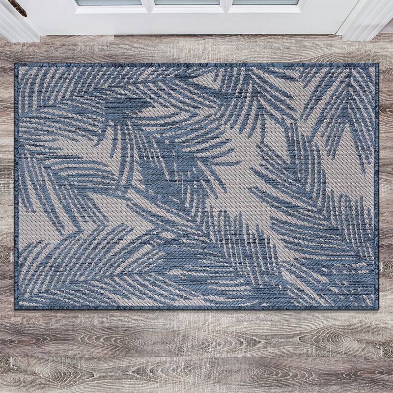 World Rug Gallery Contemporary Distressed Leaves Textured Flat Weave Indoor/Outdoor Area Rug - 2'x3' - Blue