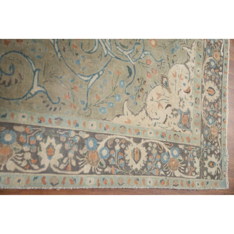 Hand Knotted Oriental 100% Wool Carpet Traditional Floral Green Tabriz Area Rug - 9' 5'' X 6' 2''
