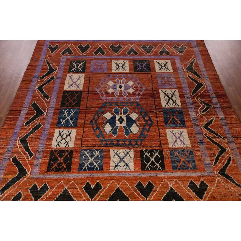 Orange Tribal Geometric Moroccan Oriental Rug Hand-Knotted Wool Carpet - 8'9" x 9'11"