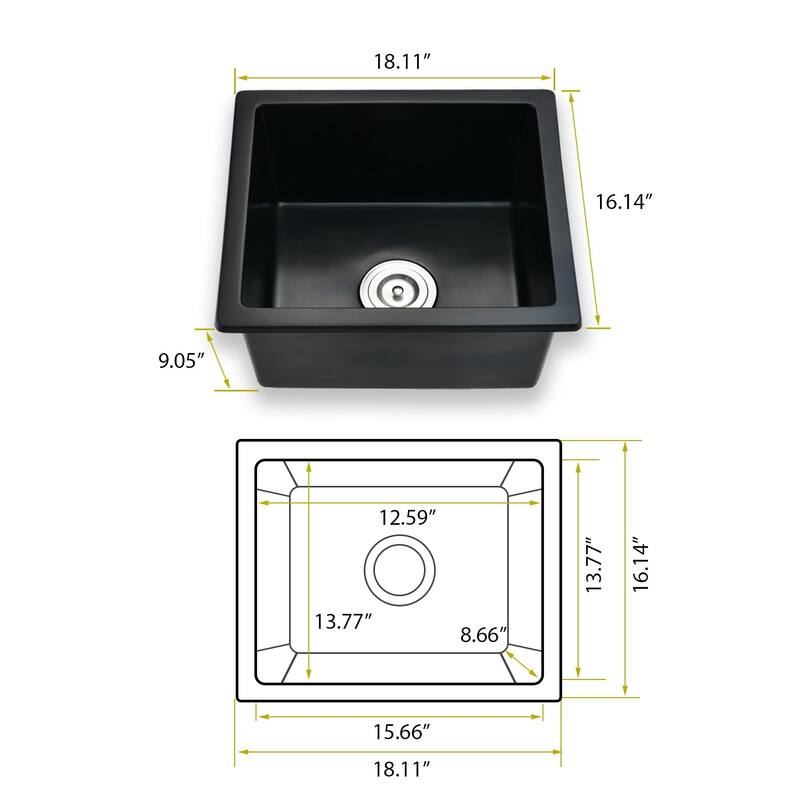 18" x 16" Quartz Single Bowl Undermount Kitchen Sink With Basket Strainer - 18 x 16