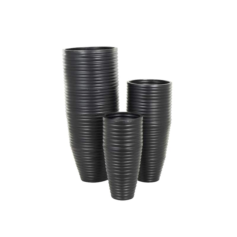 Metal Ribbed Tall Floor Vase with Horizontal Grooves - Set of 3 Black - Roche River Decor - 19"W x 19"L x 46"H
