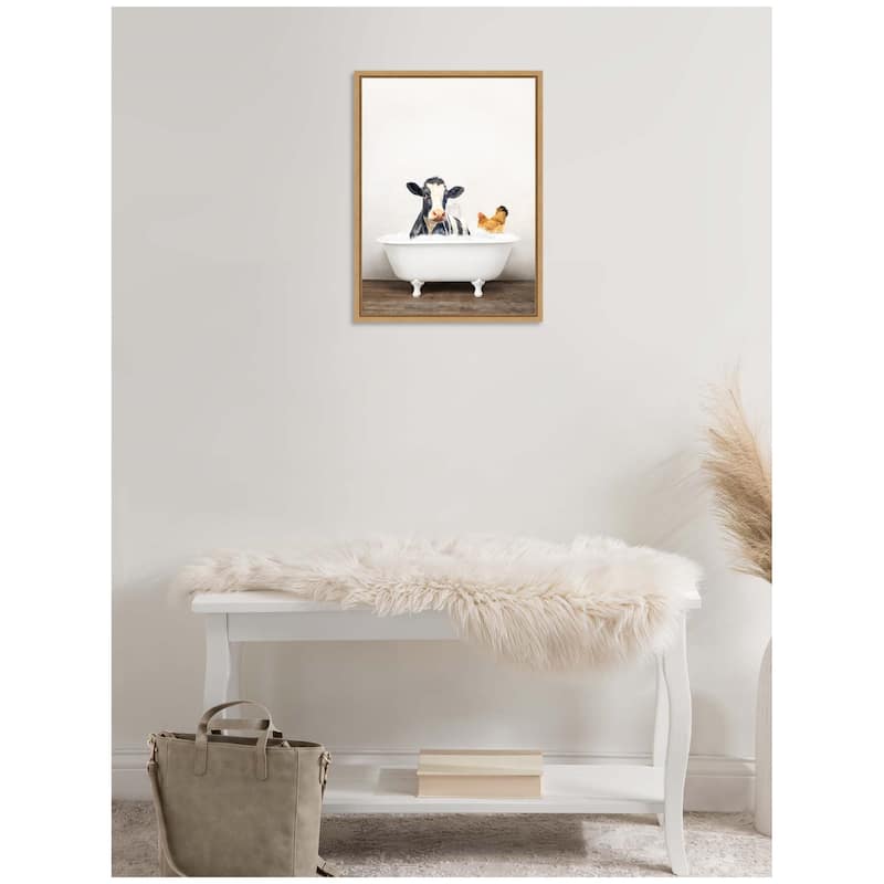 Kate and Laurel Sylvie Cow and Chicken in Rustic Bathtub Framed Canvas by Amy Peterson