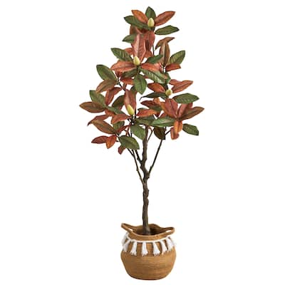 5' Artificial Fall Magnolia Tree with Handmade Jute & Cotton Basket with Tassels