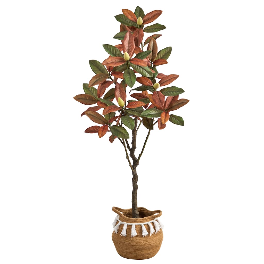 5' Artificial Fall Magnolia Tree with Handmade Jute & Cotton Basket with Tassels