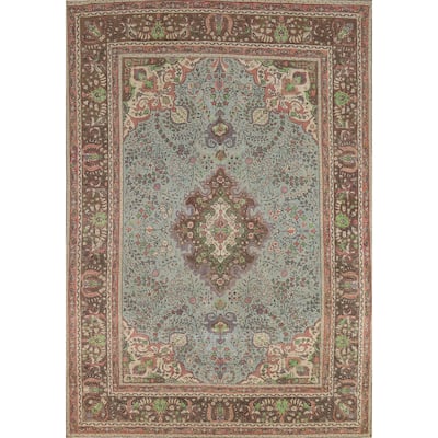 Blue Traditional Tabriz Persian Rug Hand-Knotted Floral Wool Carpet - 6'8"x 9'7"