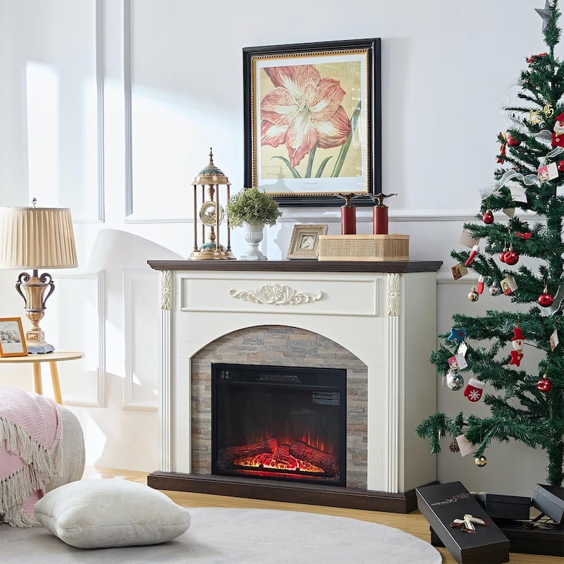 78 inch Electric Fireplace Mantel Fireplace TV Stand Entertainment Center with 30 inch Fireplace Insert Heater and Storage