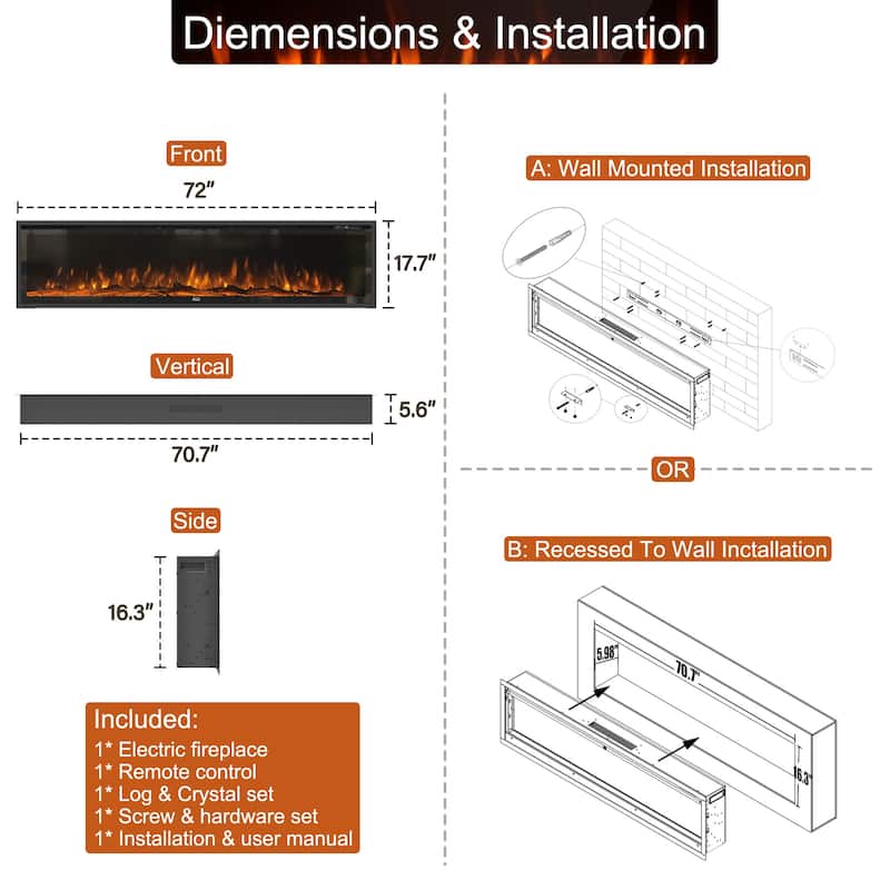 Clihome 50"-72" Recessed Wall-mounted Freestanding Electric Fireplace