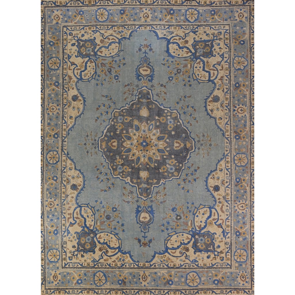 Blue Tabriz Persian Area Rug Oriental Floral Hand-Knotted Wool Carpet - 7'10"x 10'9"