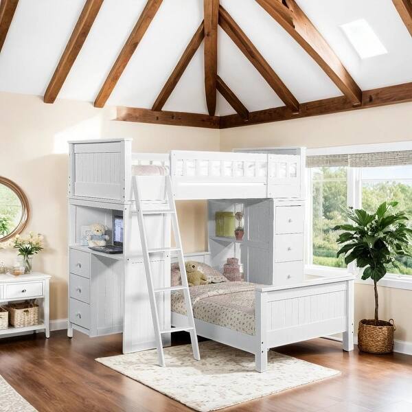slide 2 of 14, Twin over Full Metal Bunk Bed with Trundle 2-Side Ladder, White White