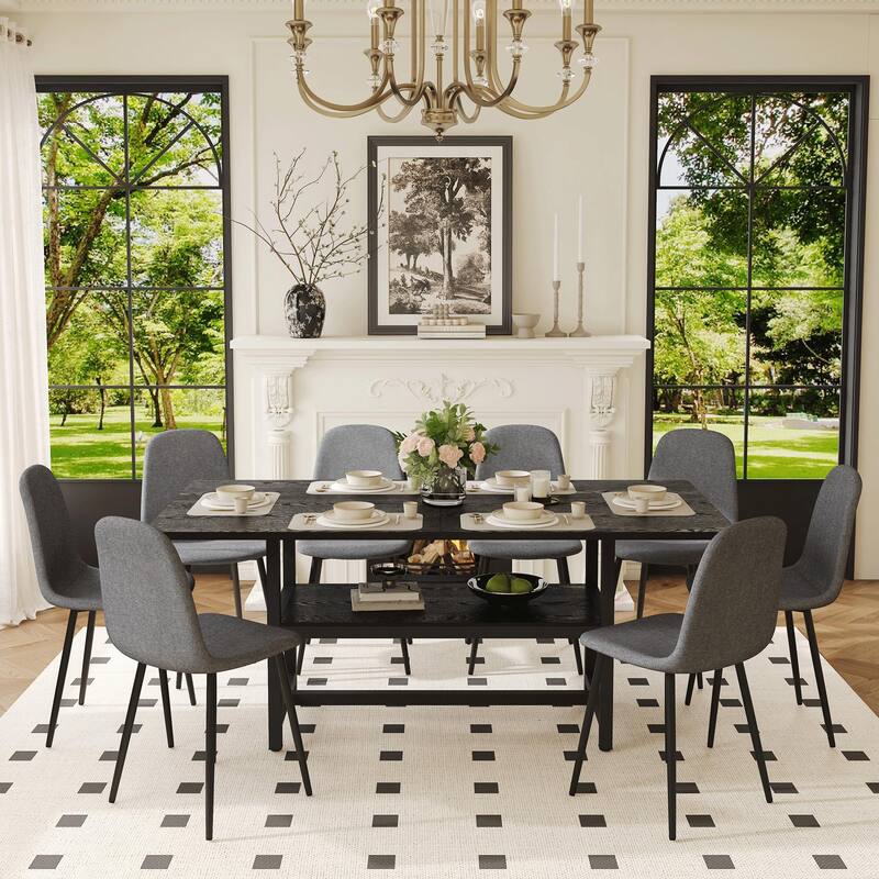 9-Piece Modern Dining Table Set with Storage, 71x35.4 Inch Wood Grain Table & 8 High-Resilience Fabric Chairs