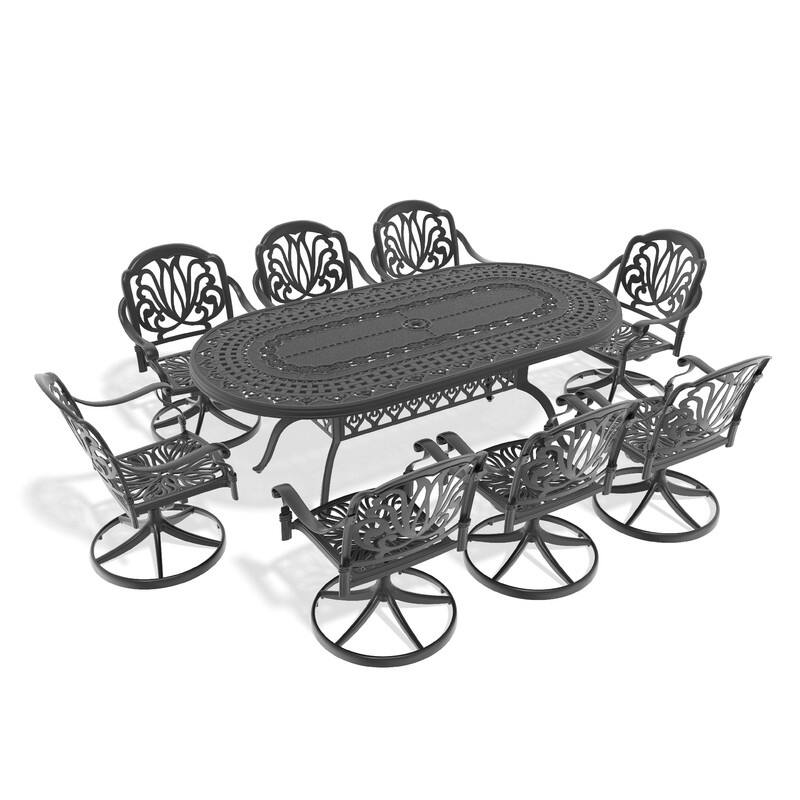 9-Piece Aluminum Oval Outdoor Patio Dining Set, 8 Cushioned Swivel Chairs, Table, All-Weather Frames