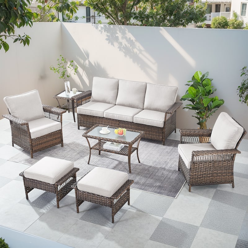 Gymojoy Outdoor Sofa, Club Chairs, Coffee Table and Ottomans Set of 7 - Brown - Beige