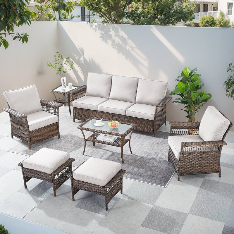 Gymojoy Outside Rattan Sofa with Table and Chair Ottoman - Brown - Brown - Beige