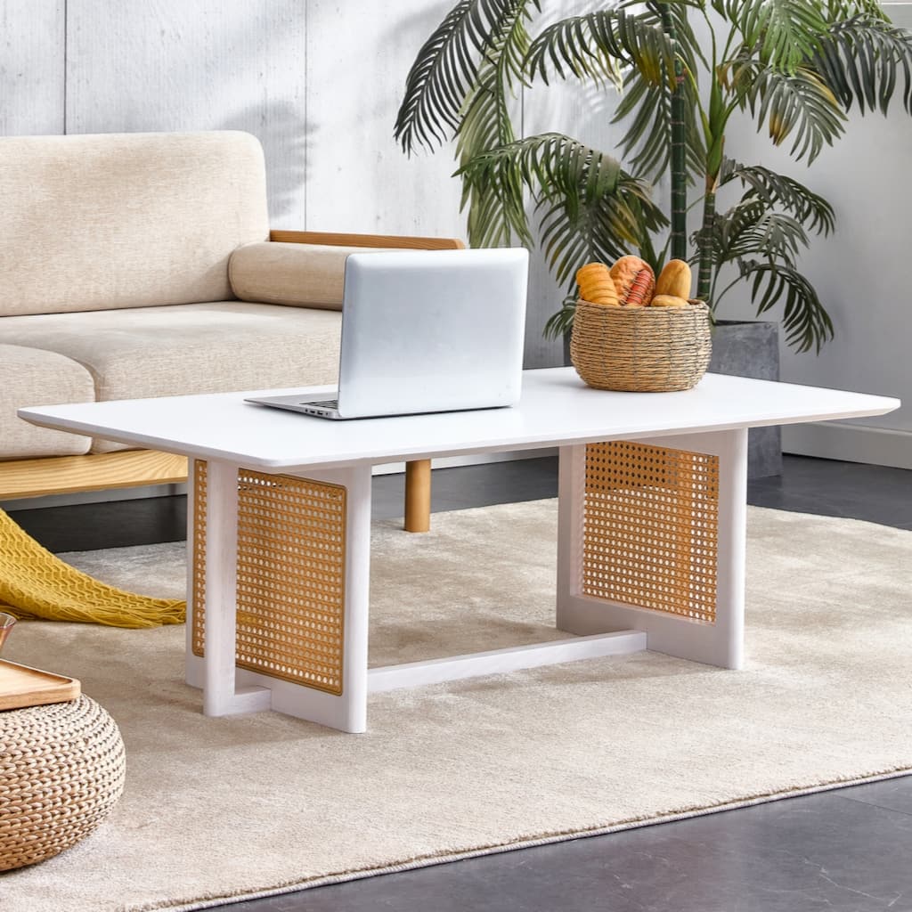 Chinese style white solid wood and imitation rattan coffee table