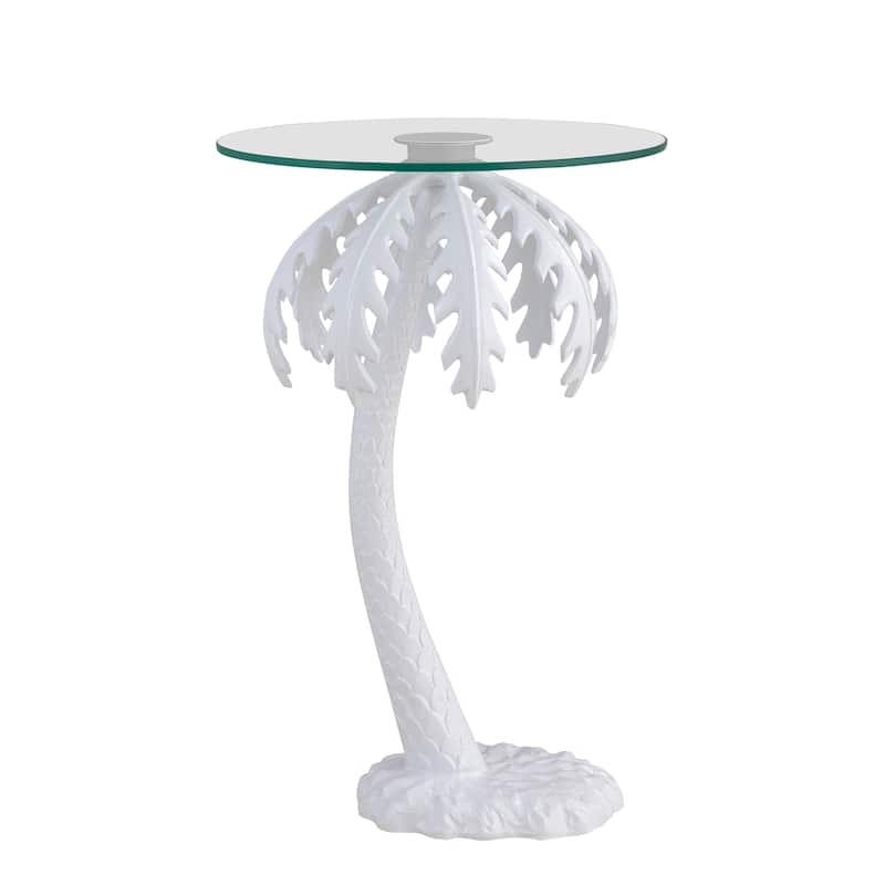 Hedda 24.75" Glass Top Metal Palm Tree End Table, White, by JONATHAN Y