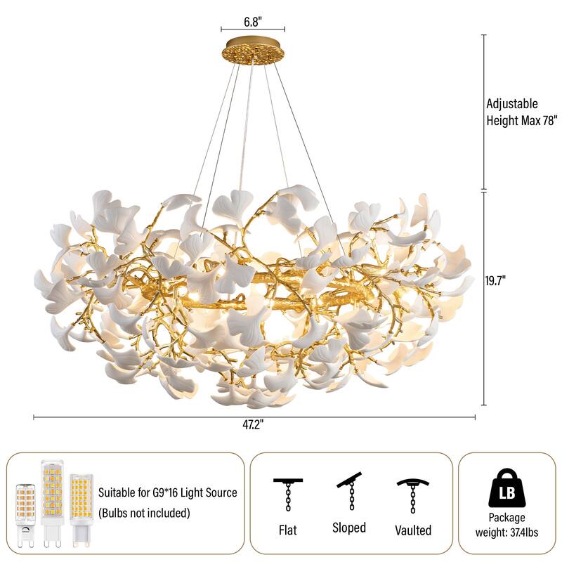Modern Ginkgo Leaf Ceramic Chandelier, Moon Ring Round Pendant Light, D550-D1200, Gold Finish