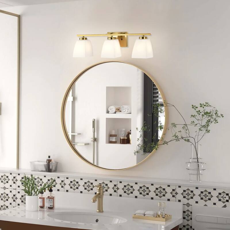 Brushed Nickel/Matte Black/Gold Modern 3-Light Vanity Light with Square Etched White Glass Shades
